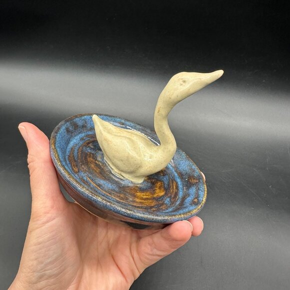Art Pottery Swan Ring Dish Trinket Holder Bird Figurine Jewelry Blue Signed - Picture 8 of 10